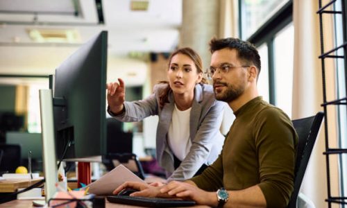 Young entrepreneur and his female coworker using desktop PC while working in the office.